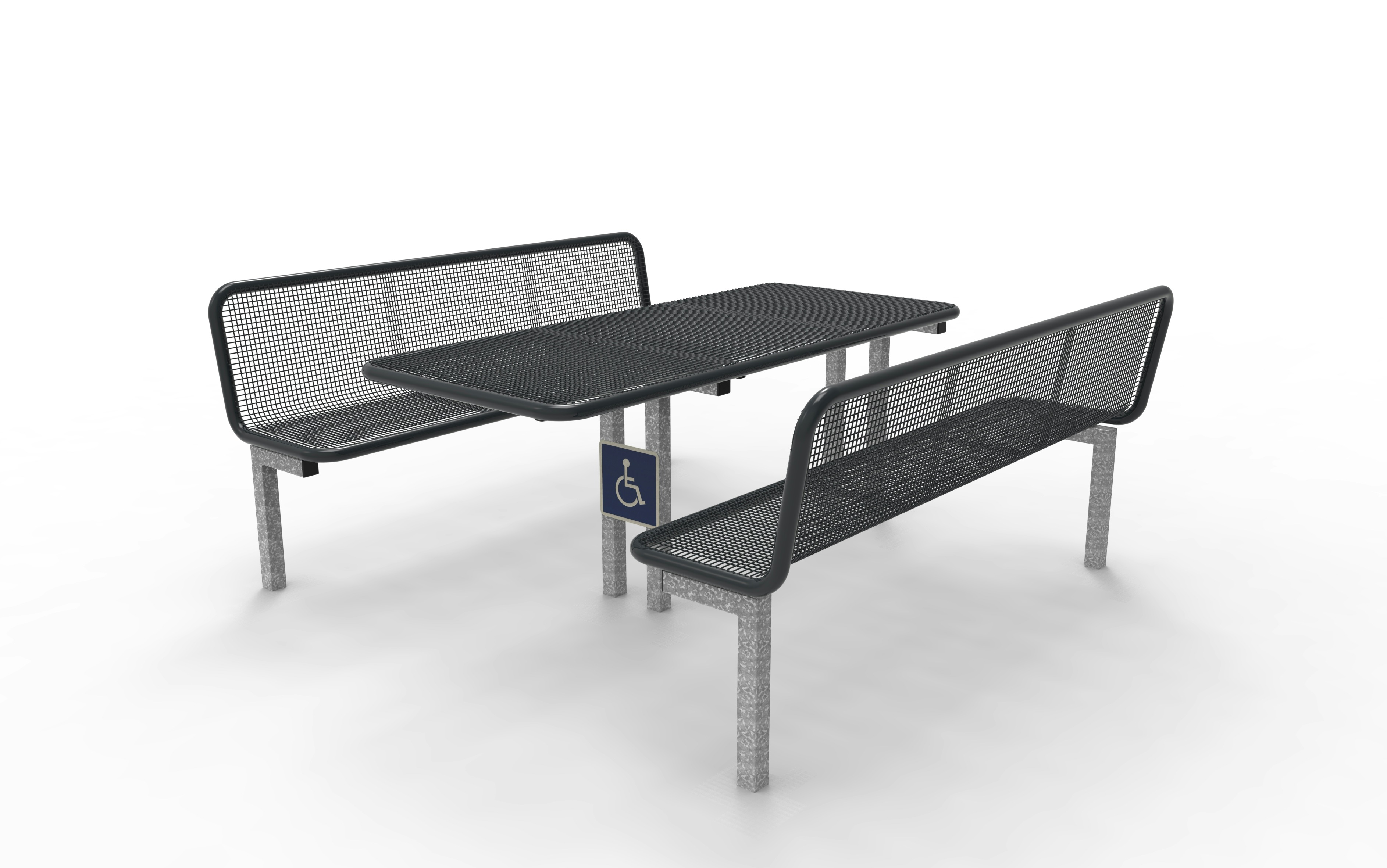 Modulare Fahrradbarriere aus Metall in Schwarz-Grau am urbanen Uferweg, mit Fahrrad-Symbol