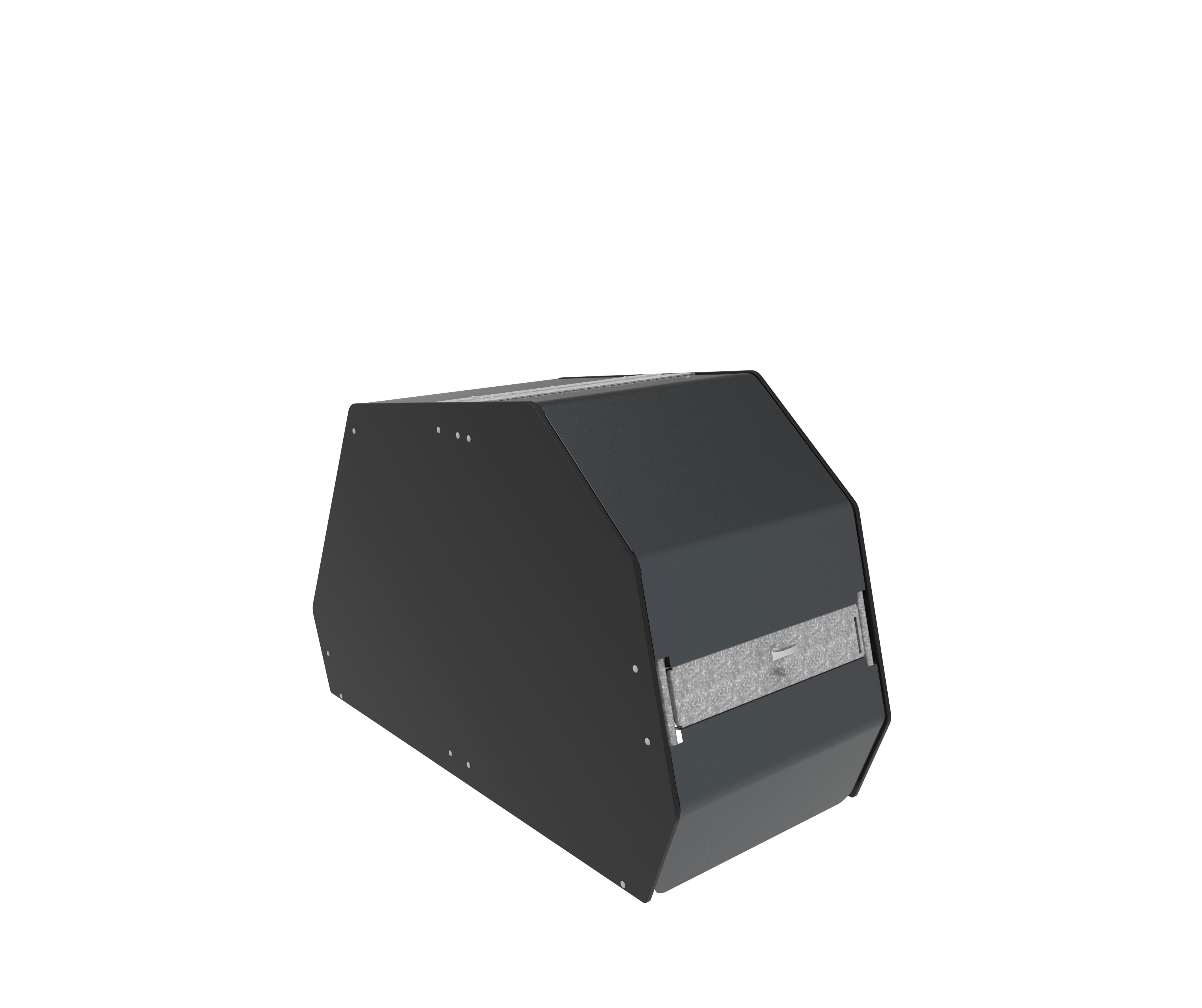 Modulare Fahrradbarriere aus Metall in Schwarz-Grau am urbanen Uferweg, mit Fahrrad-Symbol