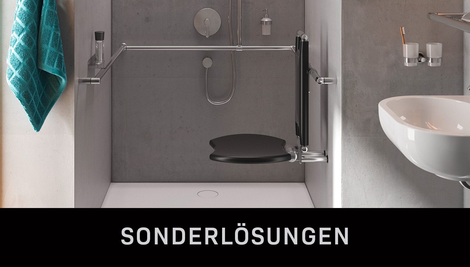 Modulares Fahrradparkhaus in Schwarz-Weiß vor moderner Stadtlandschaft; Fahrradsymbol auf der Seitenfront