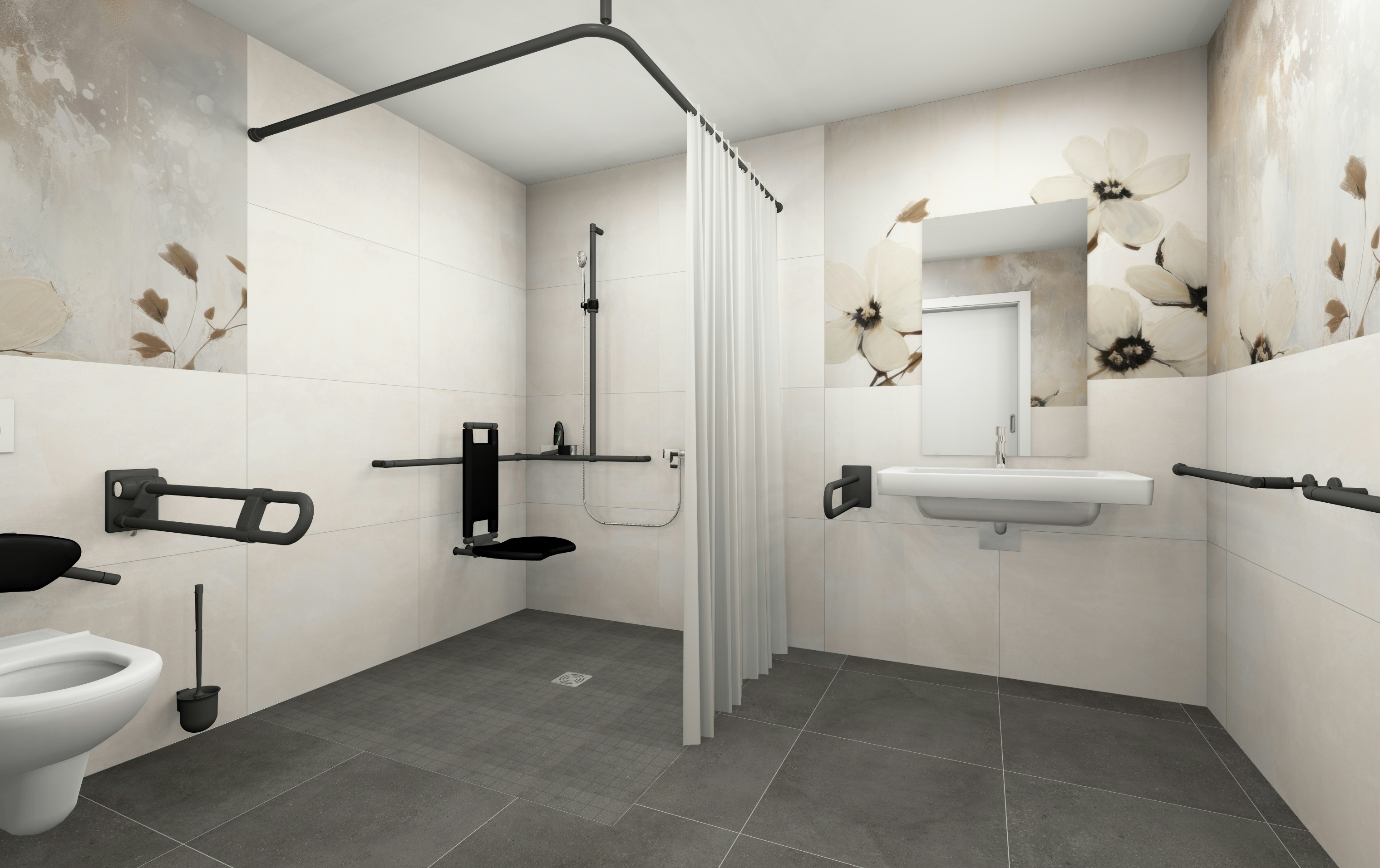 Rollstuhlgerechtes Bad mit viel Wendefläche, unterfahrbarem Waschbecken und bodengleicher Dusche mit Sitz und Haltegriffen