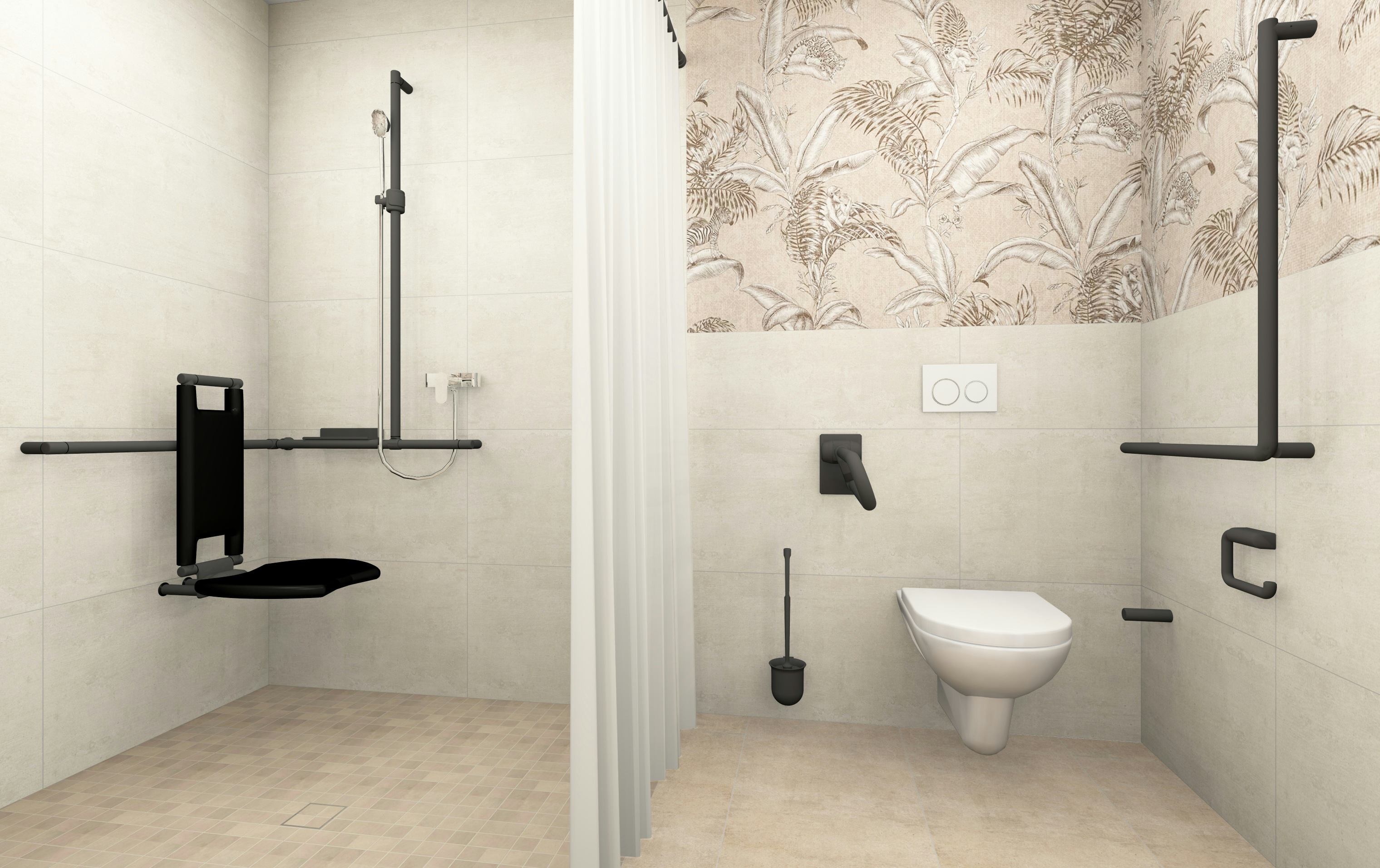 Barrierefreies Bewohnerbad mit bodengleicher Dusche, großzügiger Bewegungsfläche und leicht erreichbaren Bedienelementen