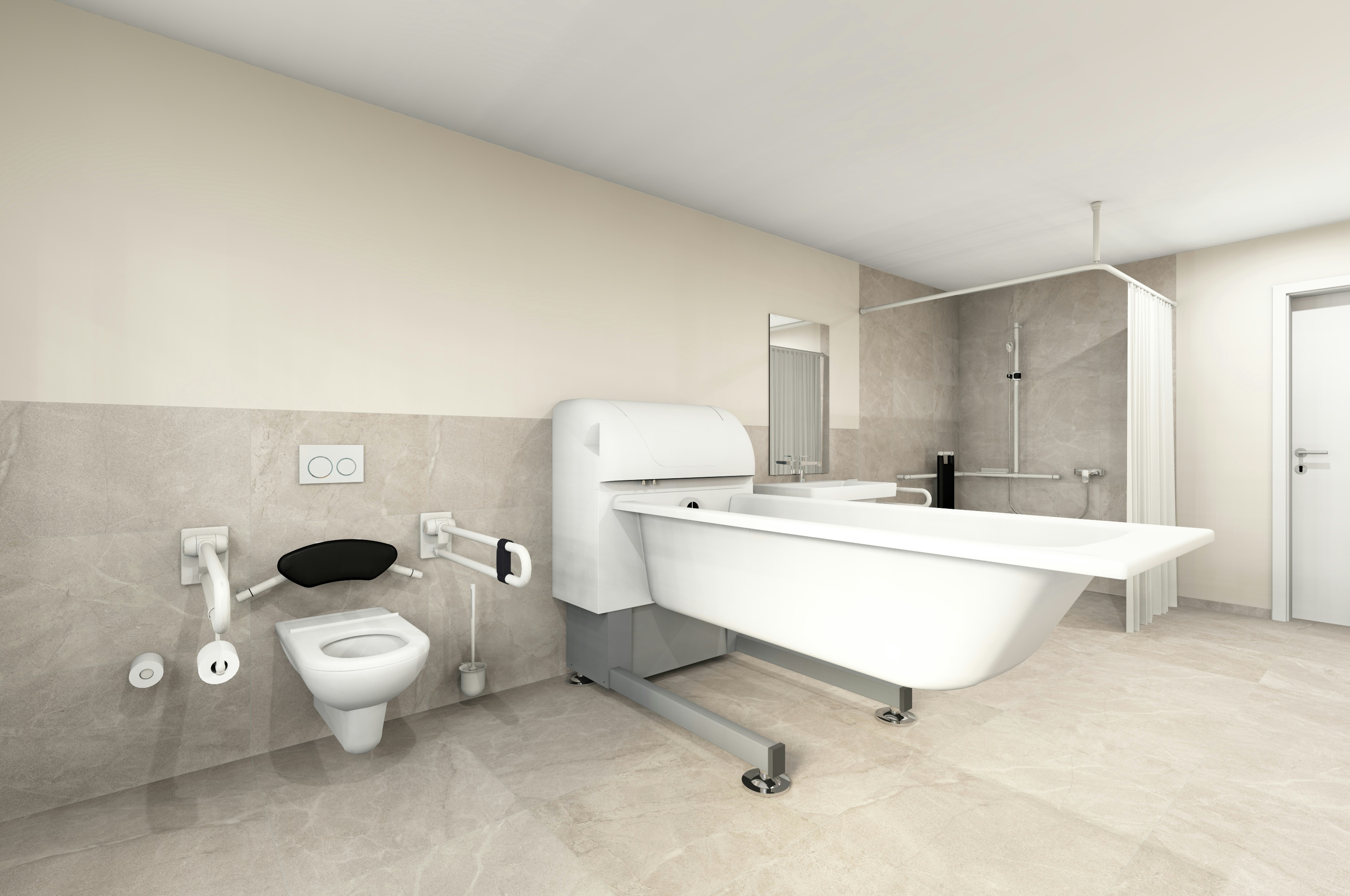 Pflegebad mit viel Platz für Hilfsmittel, höhenverstellbaren Sanitärobjekten und rutschhemmendem Boden