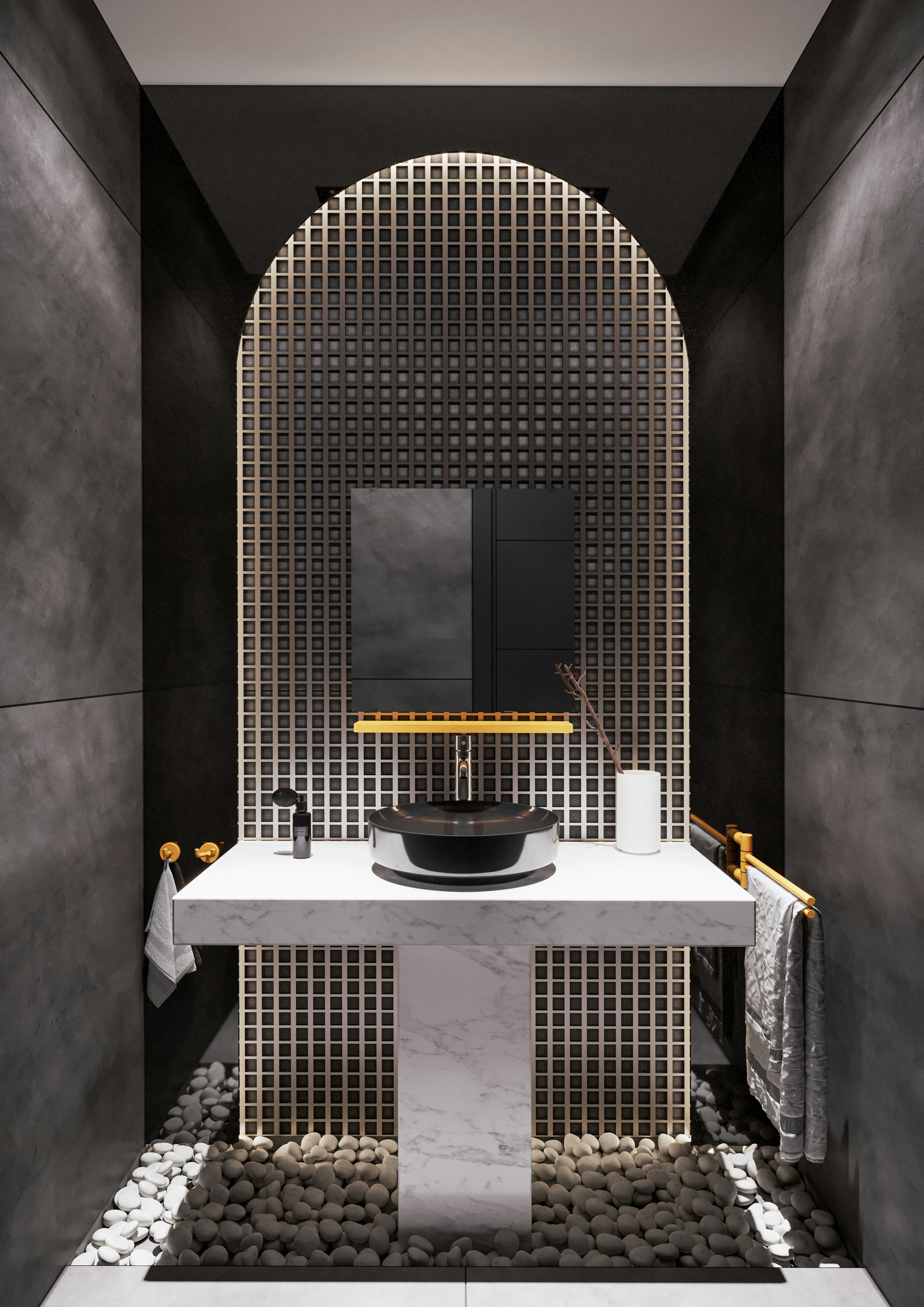 Modulare Fahrradbarriere aus Metall in Schwarz-Grau am urbanen Uferweg, mit Fahrrad-Symbol