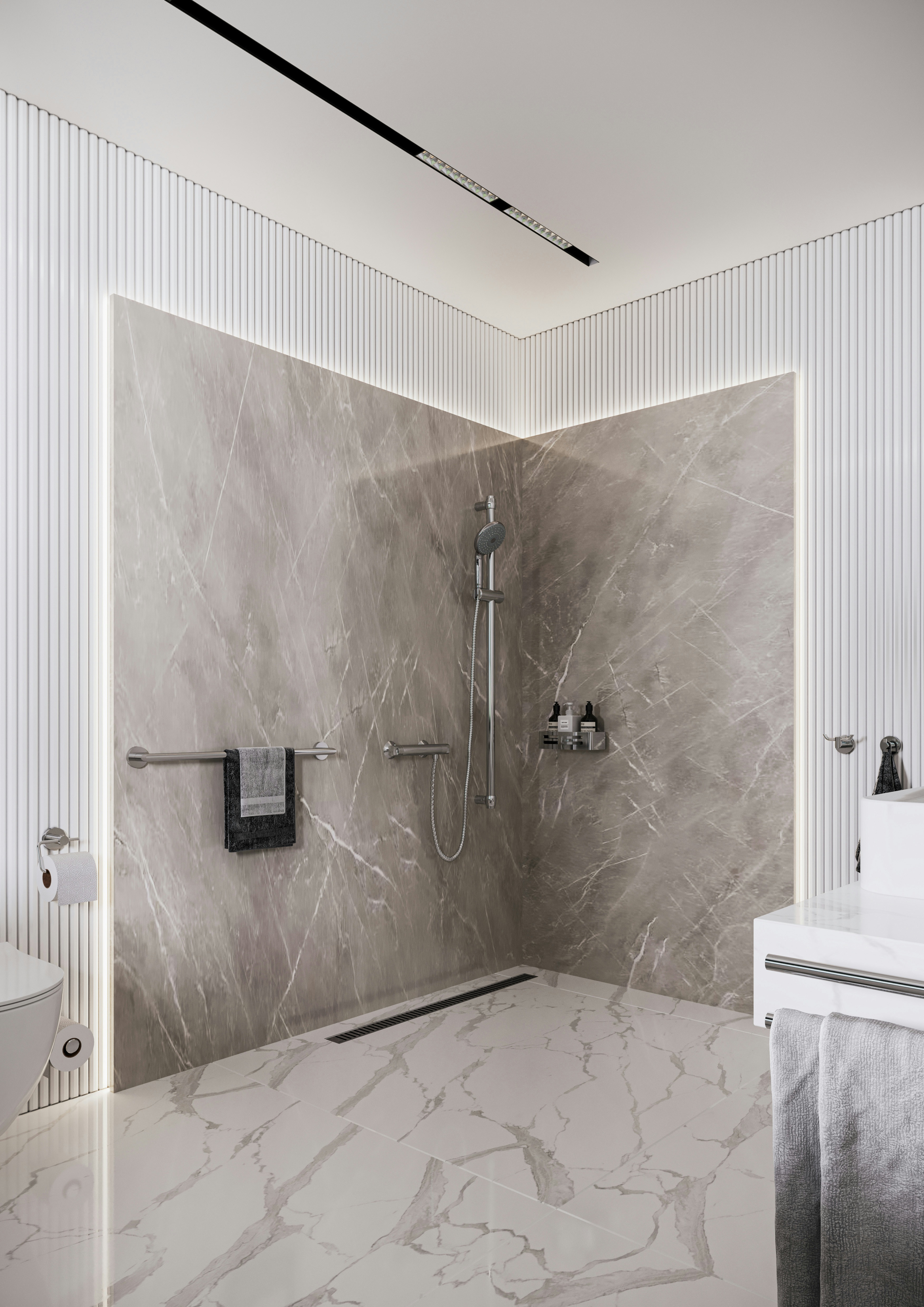 Modulare Fahrradbarriere aus Metall in Schwarz-Grau am urbanen Uferweg, mit Fahrrad-Symbol