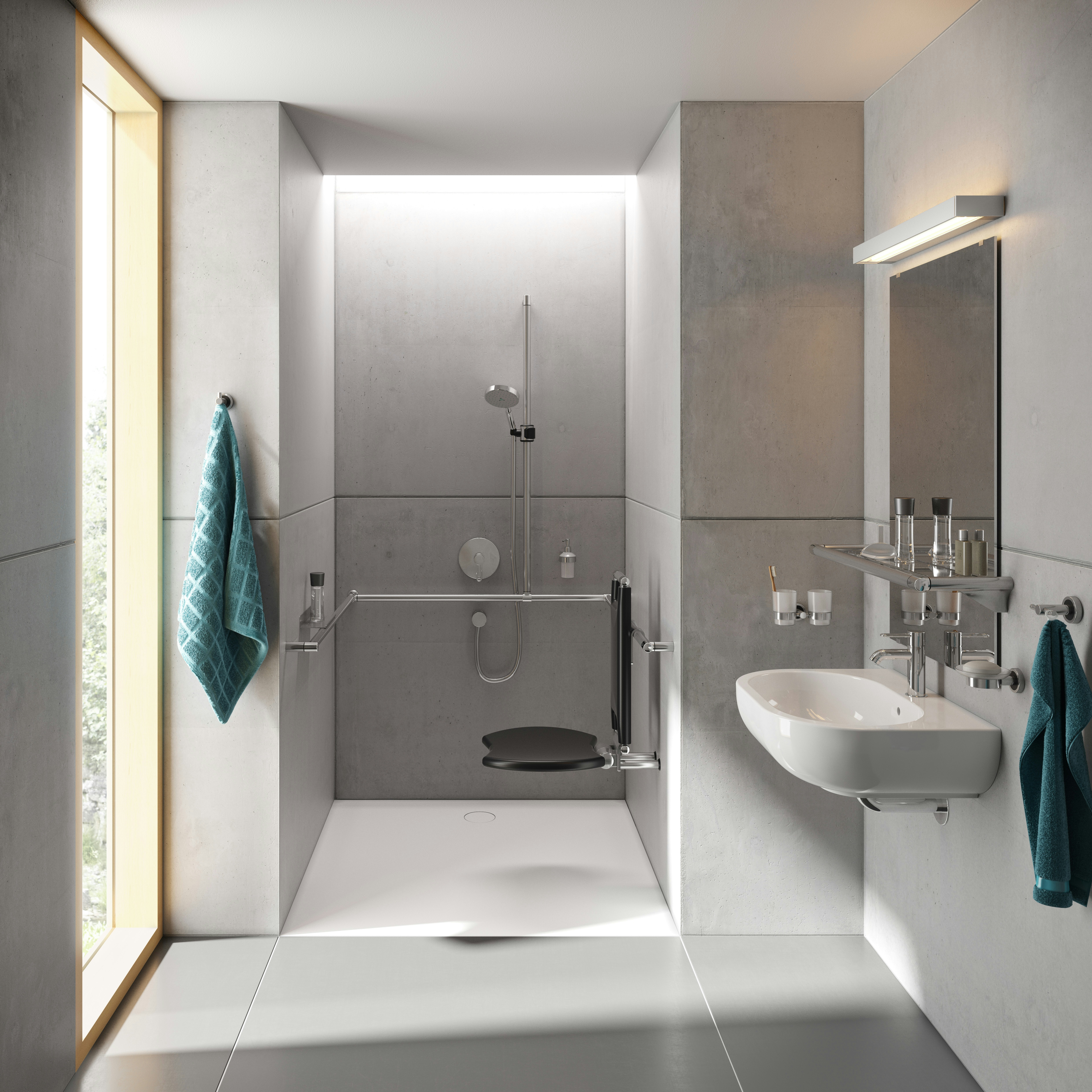 Modulare Fahrradbarriere aus Metall in Schwarz-Grau am urbanen Uferweg, mit Fahrrad-Symbol