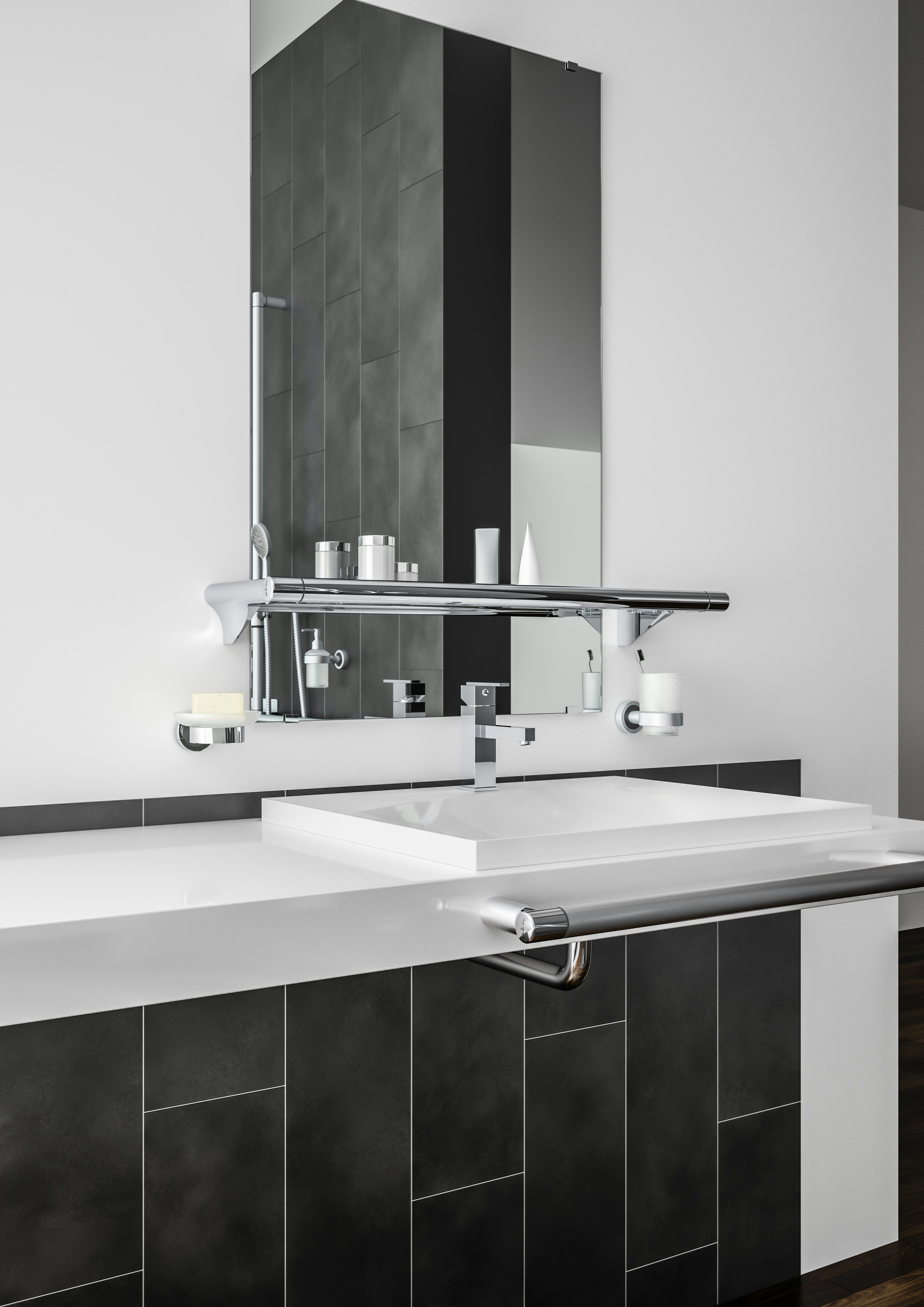 Modulare Fahrradbarriere aus Metall in Schwarz-Grau am urbanen Uferweg, mit Fahrrad-Symbol