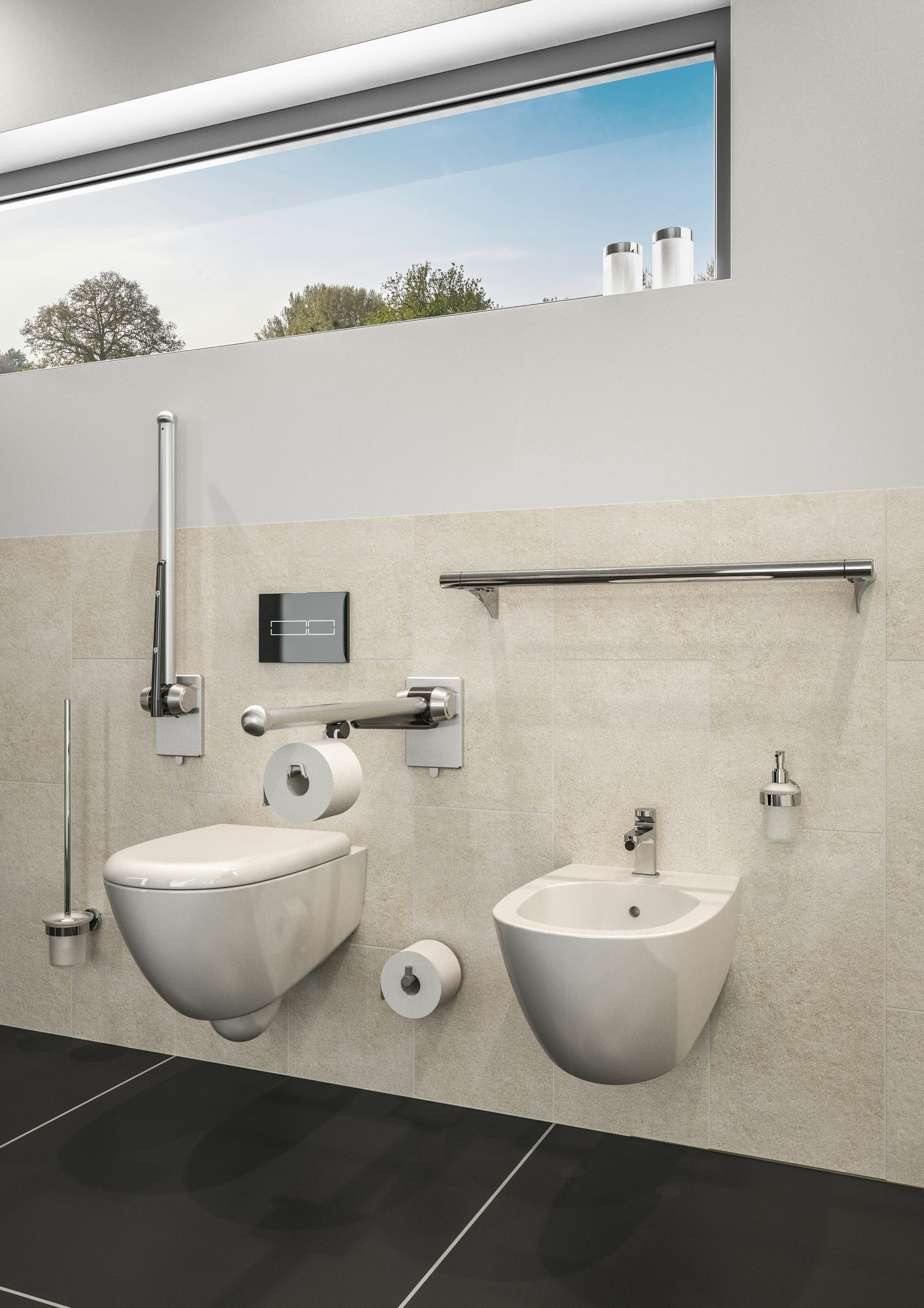 Modulare Fahrradbarriere aus Metall in Schwarz-Grau am urbanen Uferweg, mit Fahrrad-Symbol