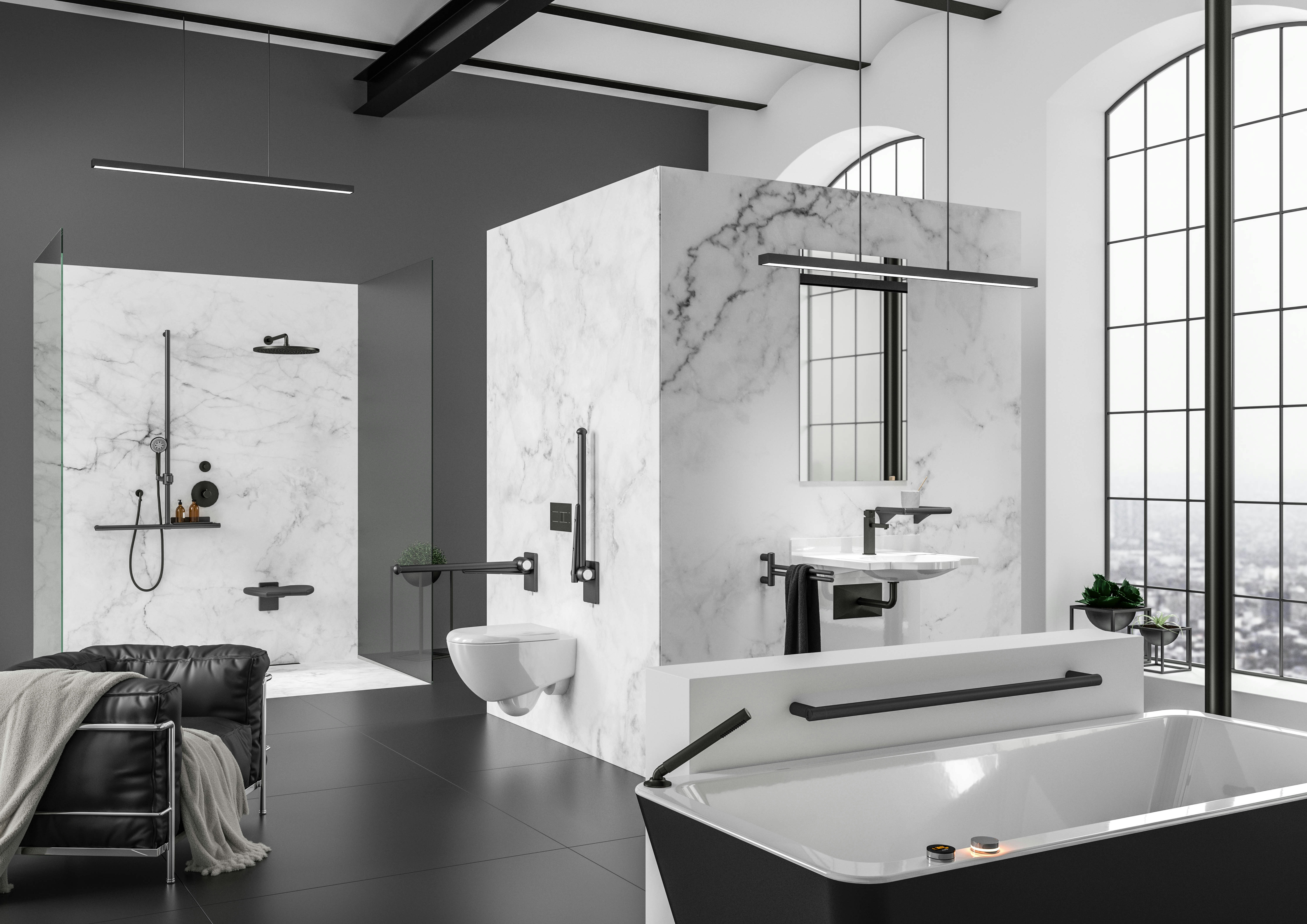 Modulare Fahrradbarriere aus Metall in Schwarz-Grau am urbanen Uferweg, mit Fahrrad-Symbol