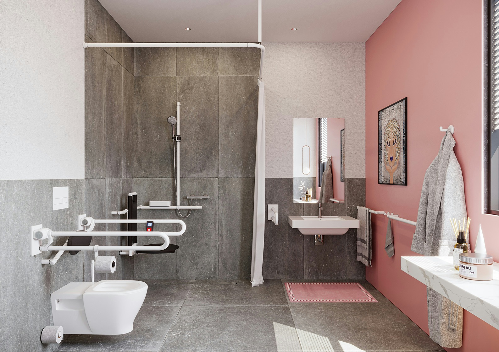 Modulare Fahrradbarriere aus Metall in Schwarz-Grau am urbanen Uferweg, mit Fahrrad-Symbol