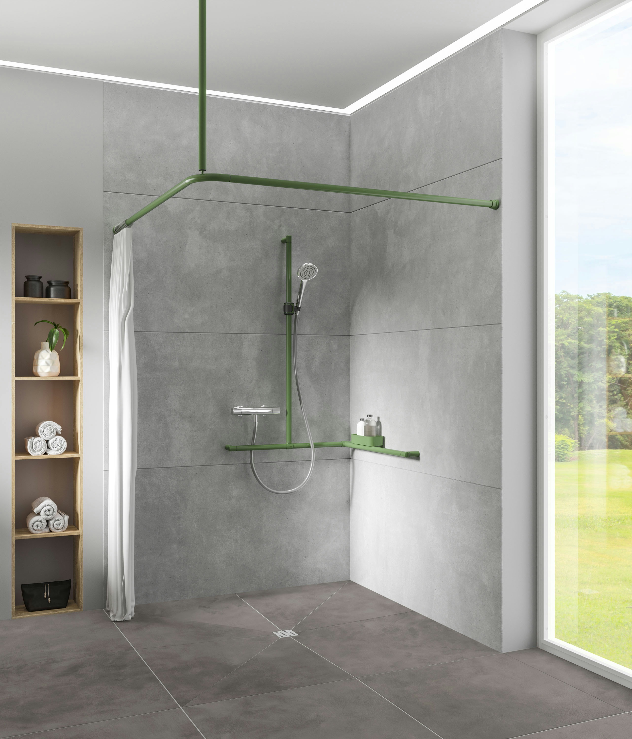 Modulare Fahrradbarriere aus Metall in Schwarz-Grau am urbanen Uferweg, mit Fahrrad-Symbol