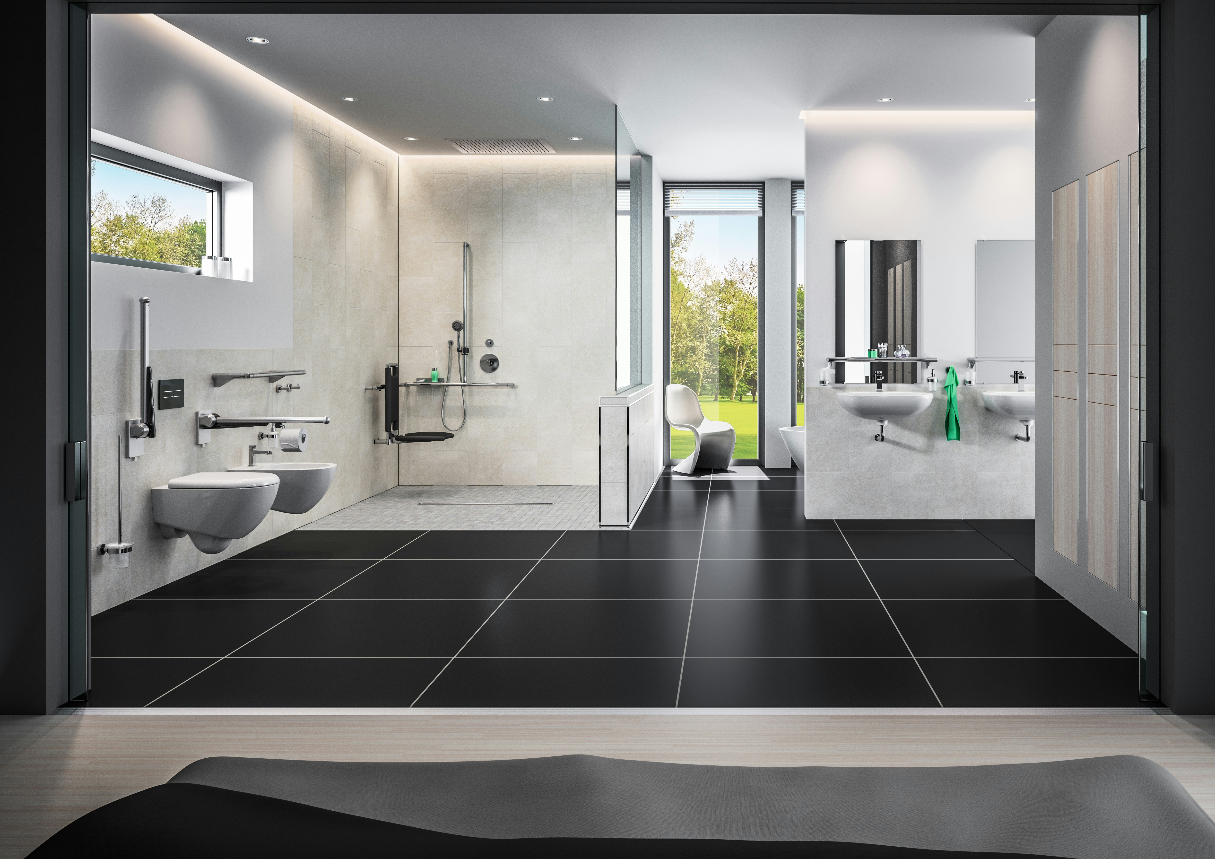 Modulare Fahrradbarriere aus Metall in Schwarz-Grau am urbanen Uferweg, mit Fahrrad-Symbol