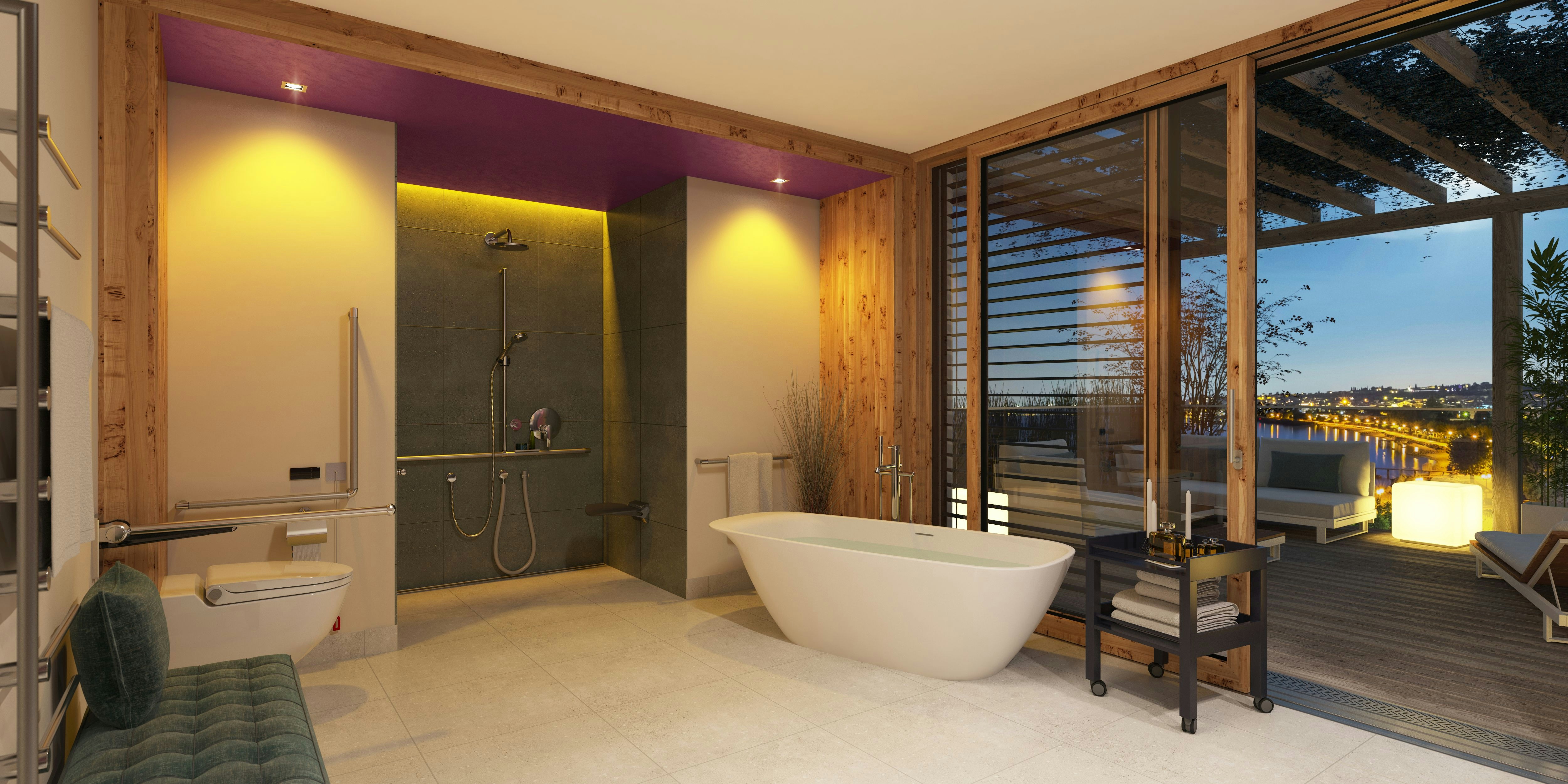 Modulare Fahrradbarriere aus Metall in Schwarz-Grau am urbanen Uferweg, mit Fahrrad-Symbol