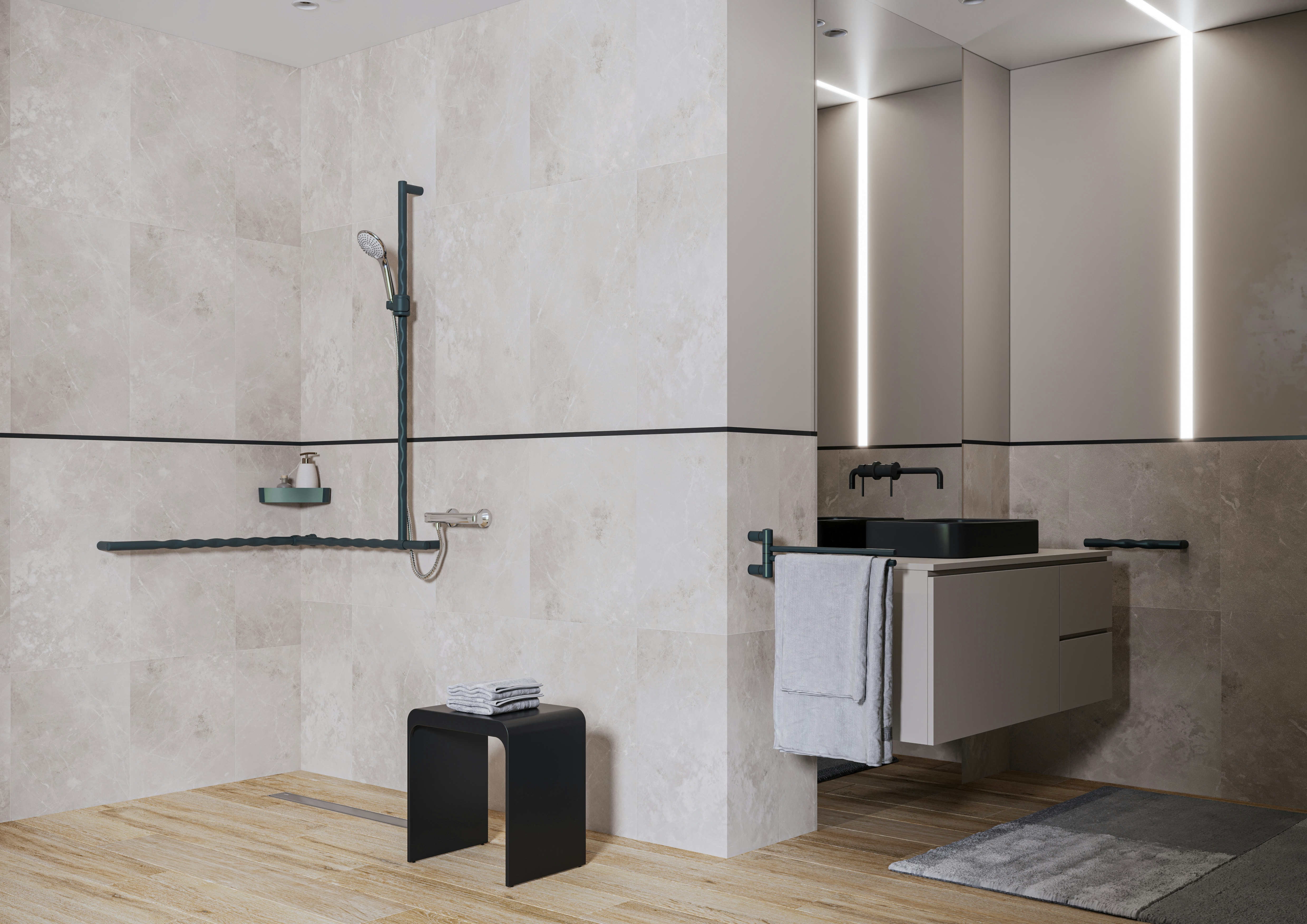 Modulare Fahrradbarriere aus Metall in Schwarz-Grau am urbanen Uferweg, mit Fahrrad-Symbol