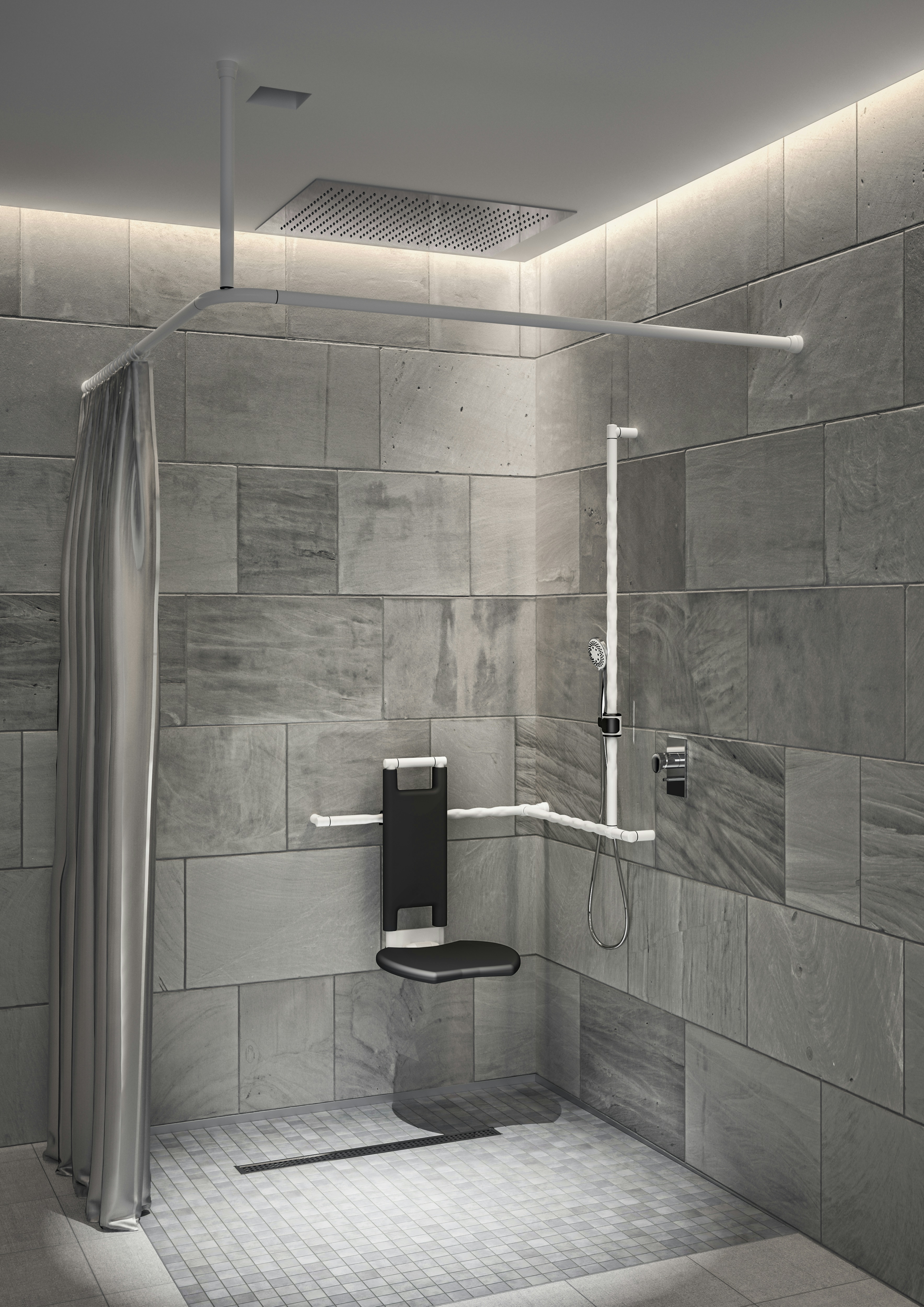 Modulare Fahrradbarriere aus Metall in Schwarz-Grau am urbanen Uferweg, mit Fahrrad-Symbol