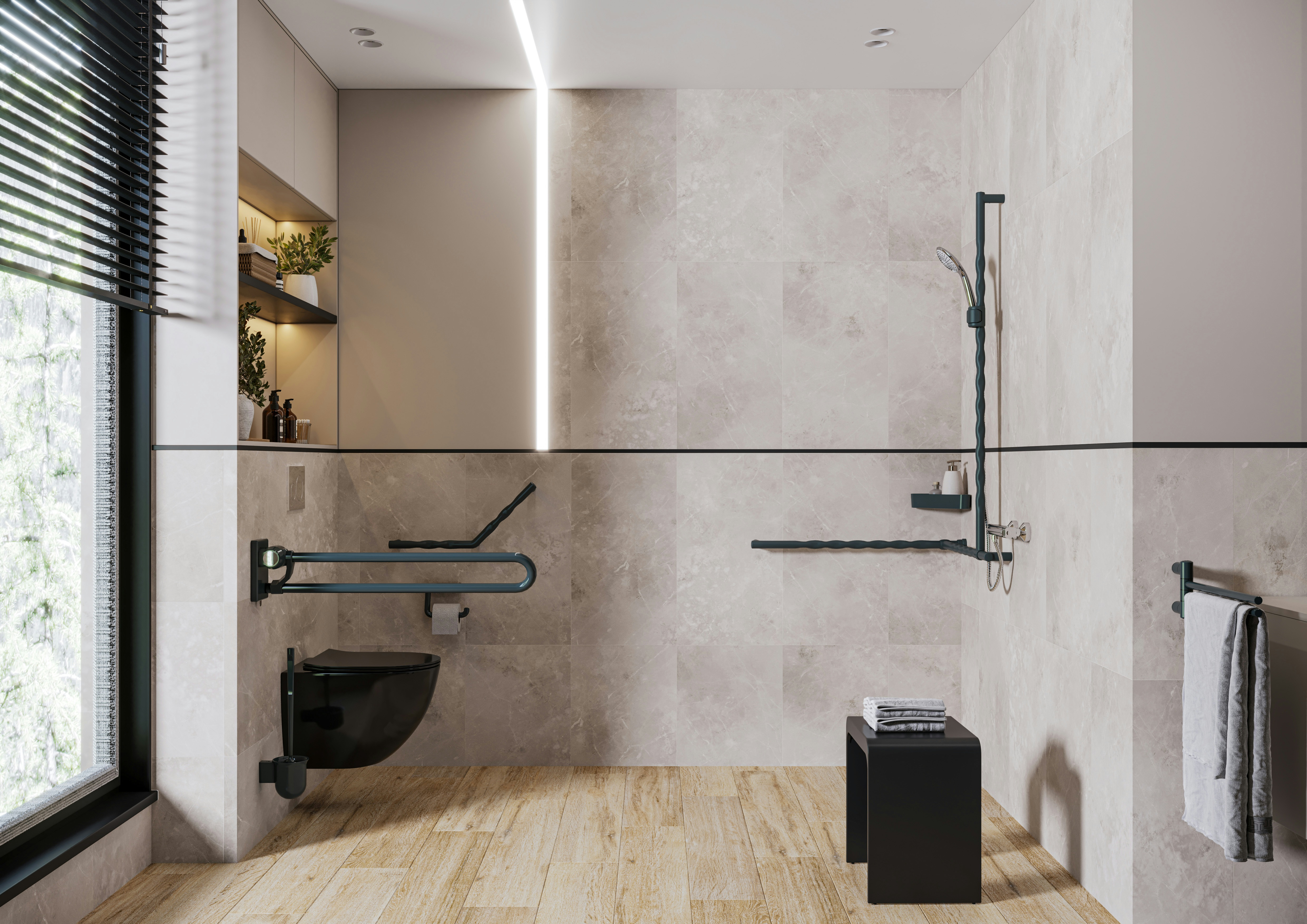 Modulare Fahrradbarriere aus Metall in Schwarz-Grau am urbanen Uferweg, mit Fahrrad-Symbol