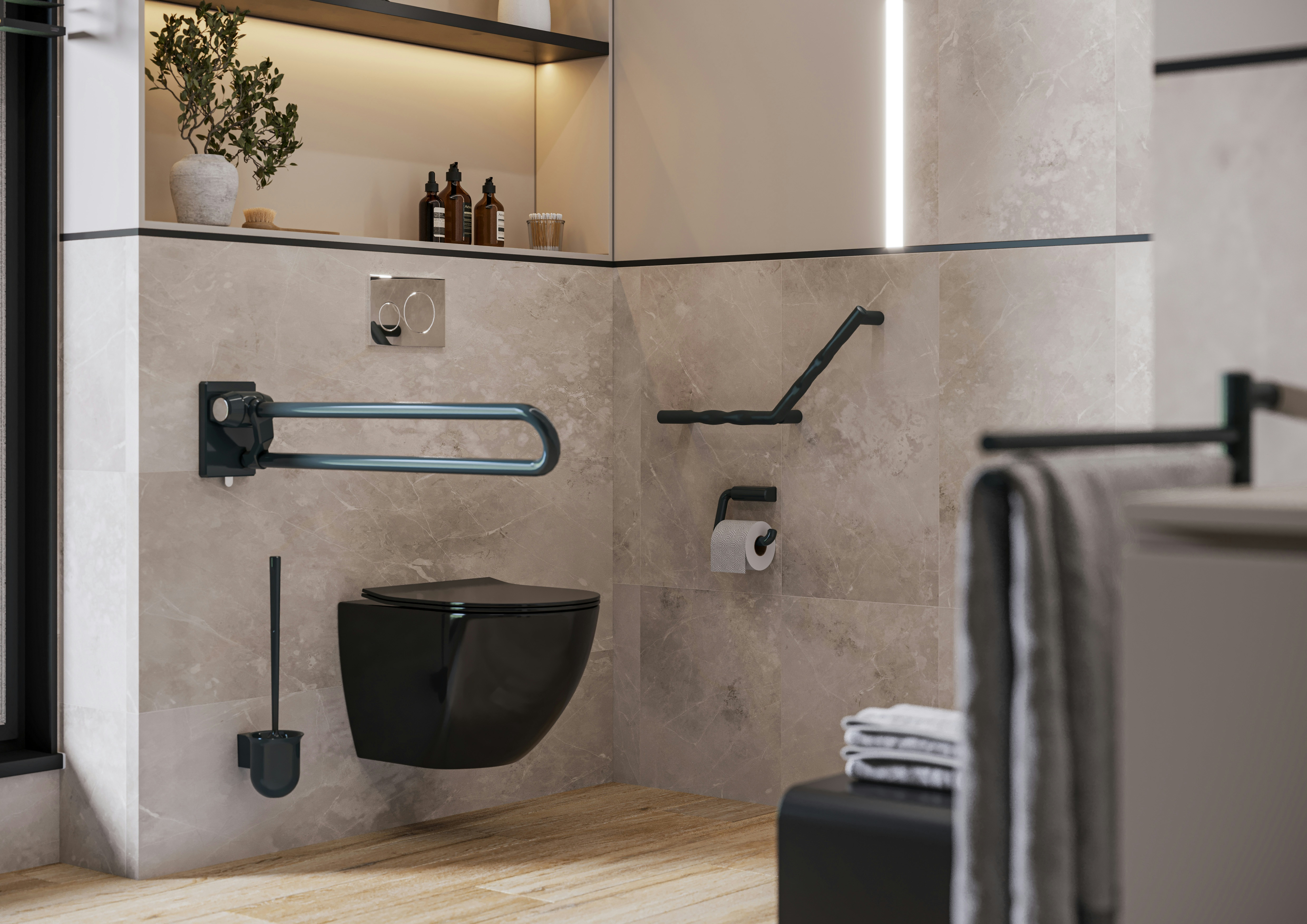 Modulare Fahrradbarriere aus Metall in Schwarz-Grau am urbanen Uferweg, mit Fahrrad-Symbol