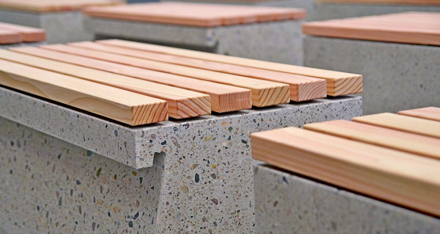 Outdoor-Betontisch aus hellgrauem Beton mit glatter Platte und zwei skulpturalen Beinen