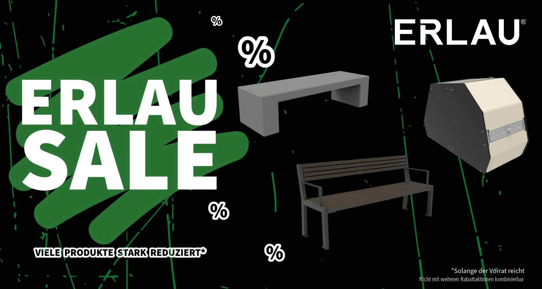 ERLAU Outdoor-Gartenmöbelbanner mit Betonbank, Liegebank und Holzbänken