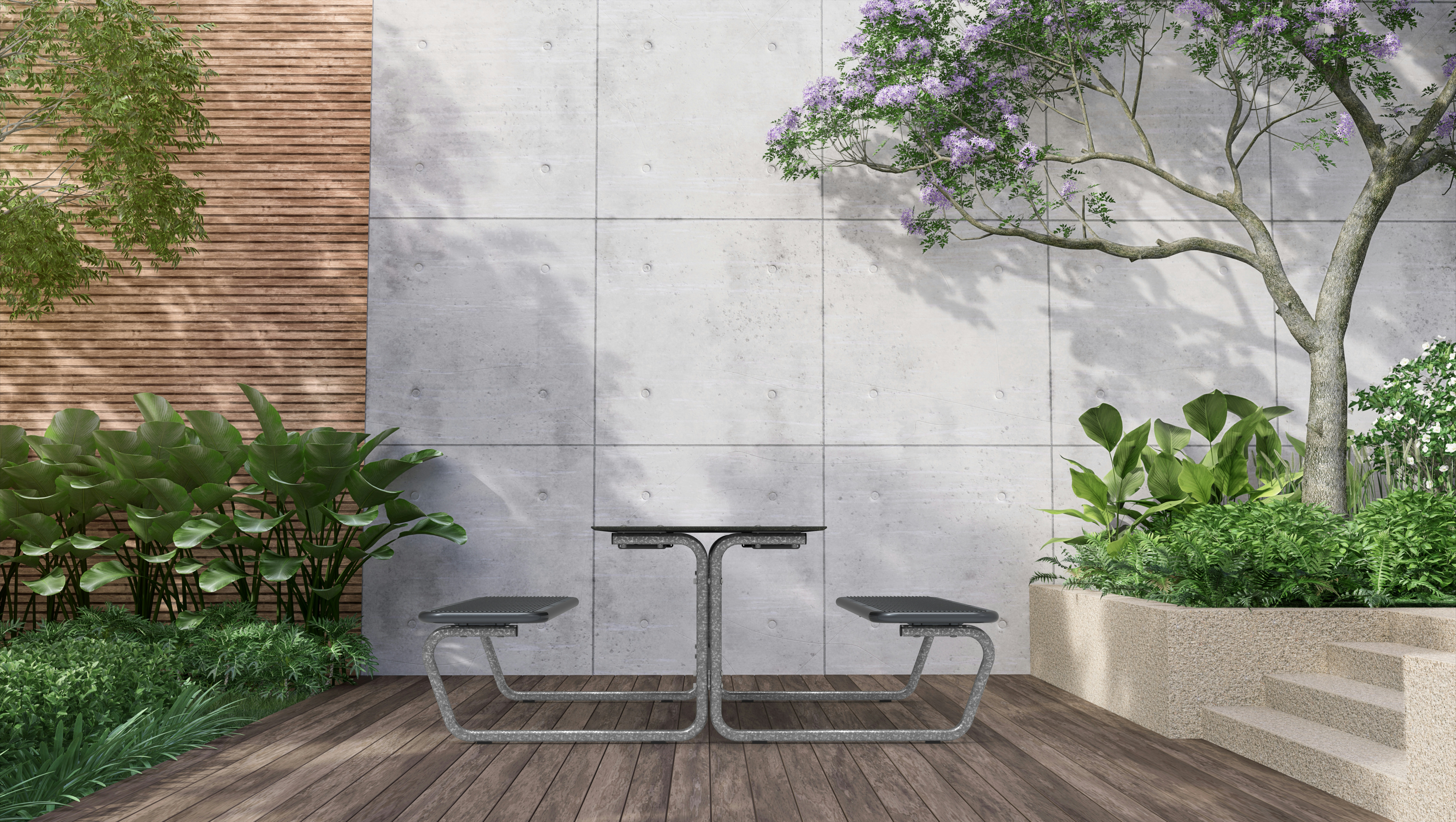 Garten-Picknicktisch aus verzinktem Metall mit zwei Bänken auf beiden Seiten, silbergrau