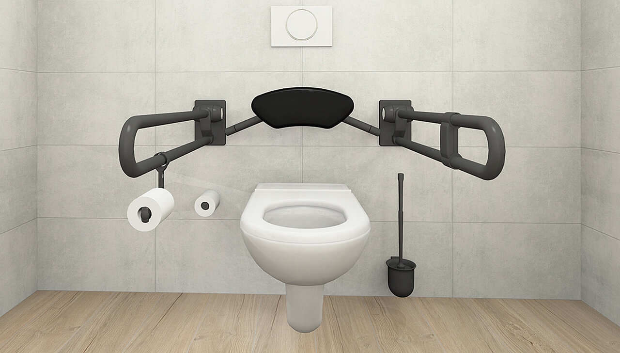 Behinderten-WC mit seitlicher Anfahrbarkeit, klappbaren Stützgriffen und erreichbarer Spülung