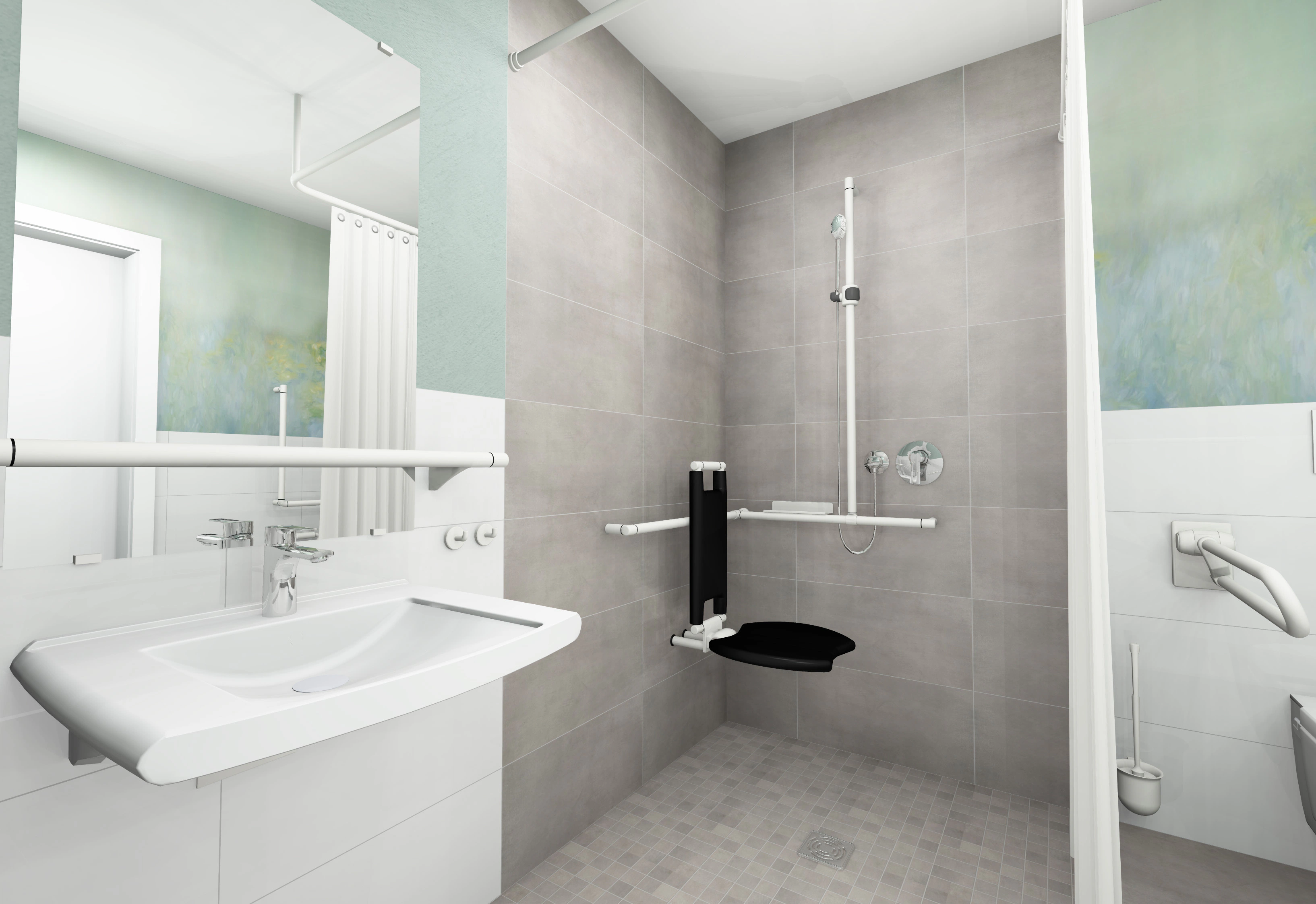 Barrierefreies Bewohnerbad mit bodengleicher Dusche, großzügiger Bewegungsfläche und leicht erreichbaren Bedienelementen