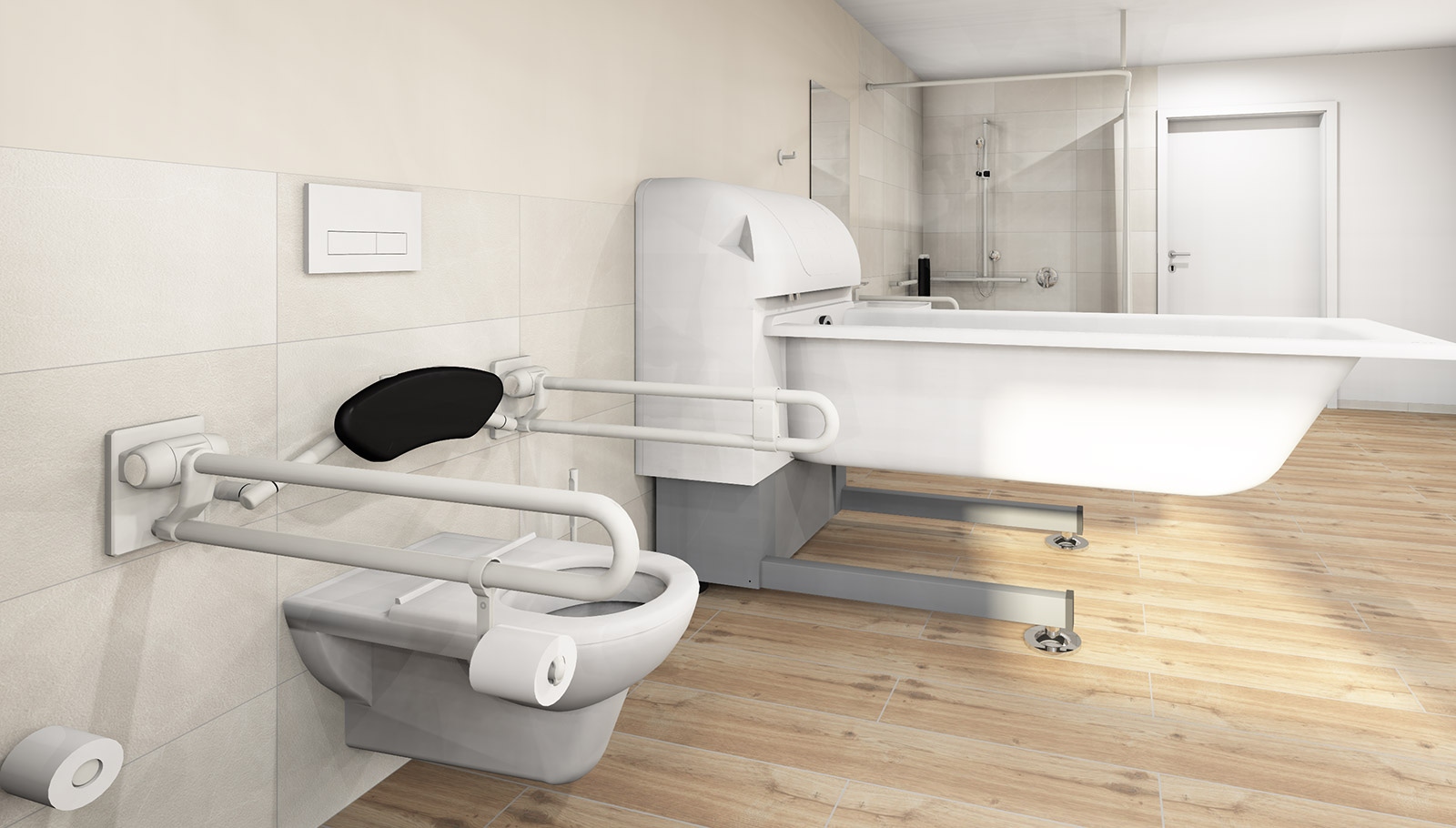 Pflegebad mit viel Platz für Hilfsmittel, höhenverstellbaren Sanitärobjekten und rutschhemmendem Boden